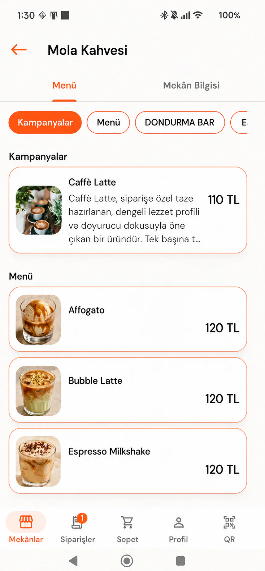 Test verisiyle Yummy mekân menüsü; kampanya editörü gösterilmez